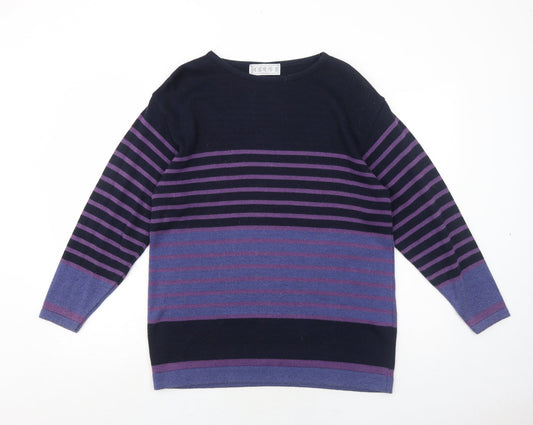 OPUS Womens Purple Round Neck Striped Cotton Pullover Jumper Size S