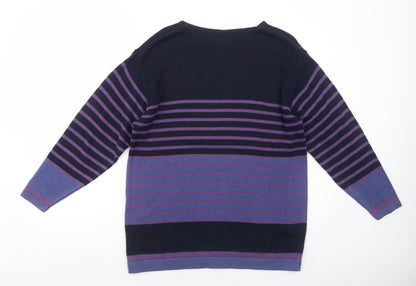 OPUS Womens Purple Round Neck Striped Cotton Pullover Jumper Size S