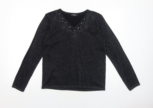 Bonmarché Womens Black V-Neck Acrylic Pullover Jumper Size S