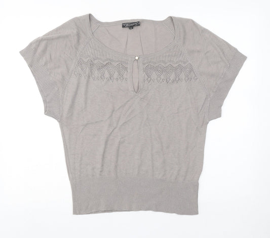 Mystic Womens Beige Geometric Acrylic Basic Blouse Size M Round Neck