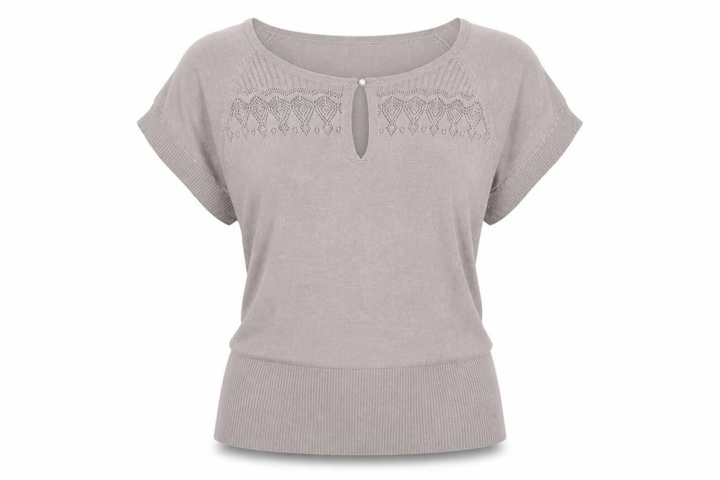 Mystic Womens Beige Geometric Acrylic Basic Blouse Size M Round Neck