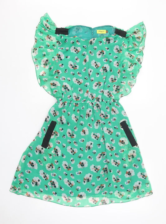 Max C Womens Green Geometric Polyester Fit & Flare Size S Round Neck Button