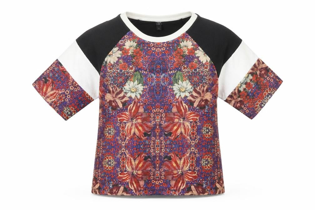 Topshop Womens Multicoloured Floral Polyester Basic T-Shirt Size 6 Round Neck