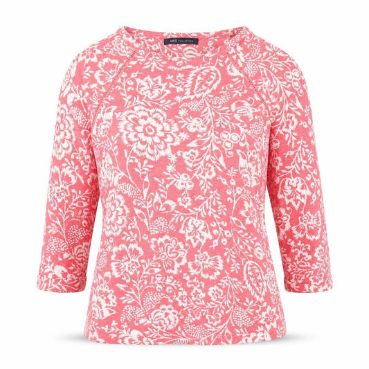 Marks and Spencer Womens Pink Floral Polyester Basic Blouse Size 8 Round Neck