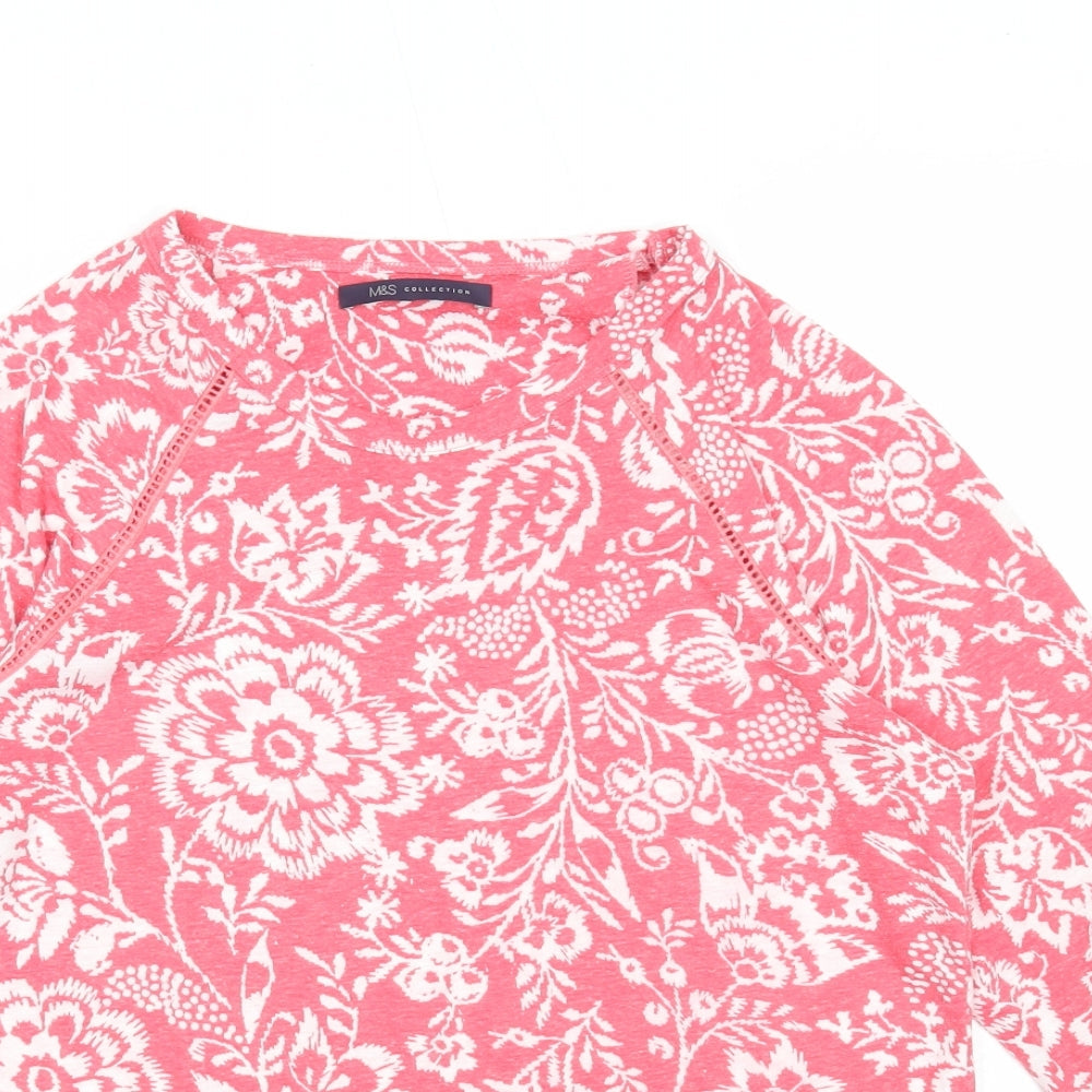Marks and Spencer Womens Pink Floral Polyester Basic Blouse Size 8 Round Neck