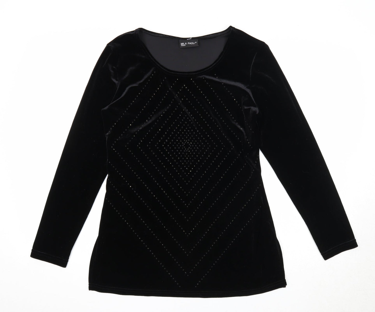 Mila Paoli Womens Black Geometric Polyester Basic Blouse Size 12 Round Neck