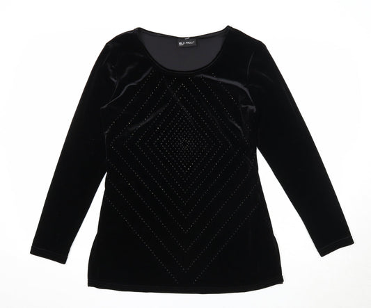 Mila Paoli Womens Black Geometric Polyester Basic Blouse Size 12 Round Neck