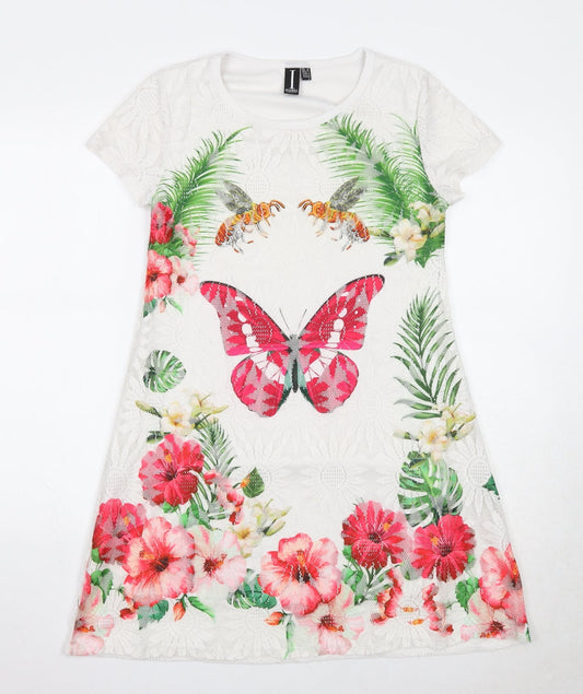 Izabel London Womens White Floral Polyester T-Shirt Dress Size 8 Round Neck Pullover