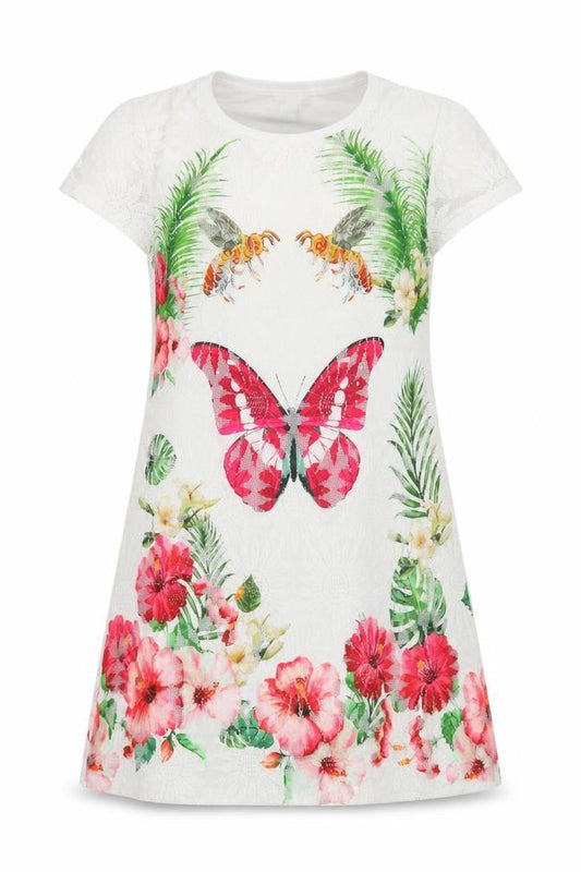 Izabel London Womens White Floral Polyester T-Shirt Dress Size 8 Round Neck Pullover