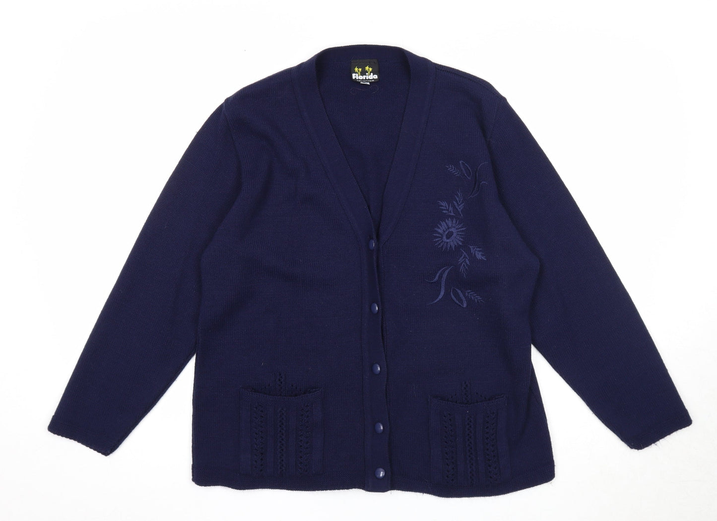 Florida Womens Blue V-Neck Acrylic Cardigan Jumper Size M