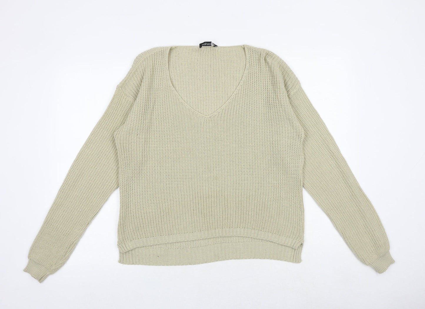 Boohoo Womens Beige V-Neck Acrylic Pullover Jumper Size M