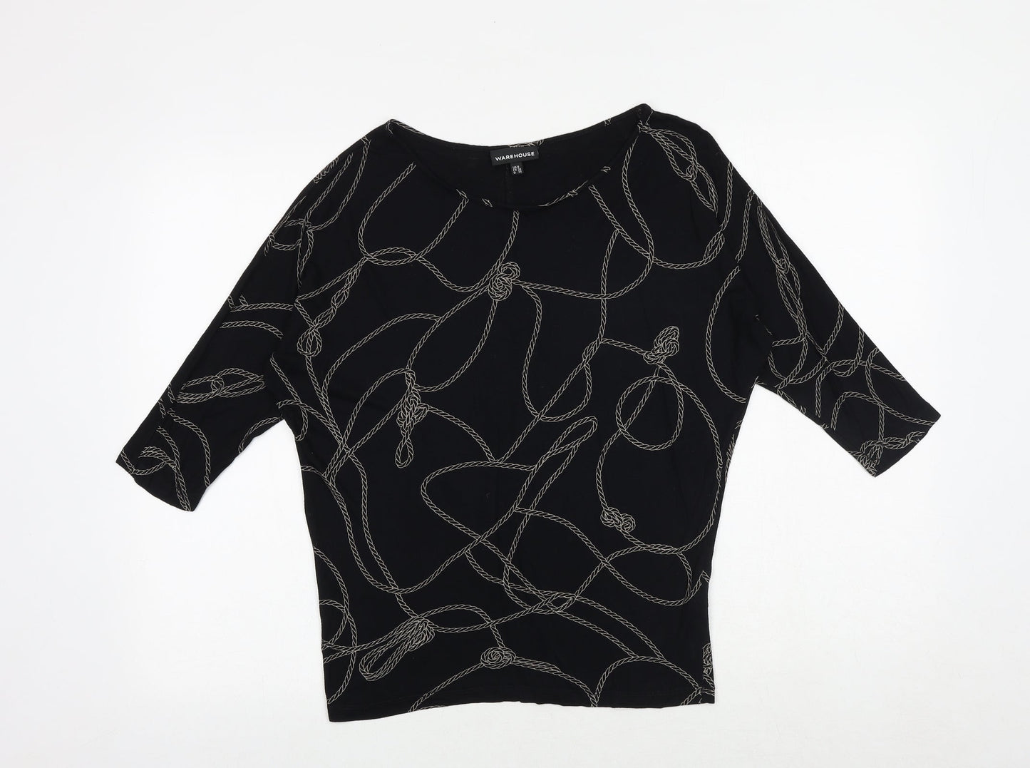 Warehouse Womens Black Geometric Viscose Basic Blouse Size 8 Round Neck
