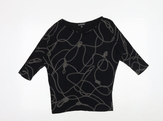 Warehouse Womens Black Geometric Viscose Basic Blouse Size 8 Round Neck