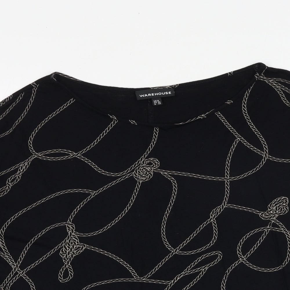 Warehouse Womens Black Geometric Viscose Basic Blouse Size 8 Round Neck
