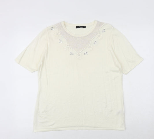Bonmarché Womens Ivory Viscose Basic T-Shirt Size M Round Neck - Lace Details