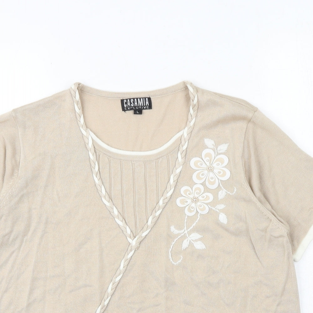 Casamia Womens Brown Round Neck Acrylic Pullover Jumper Size L - Flower Detail