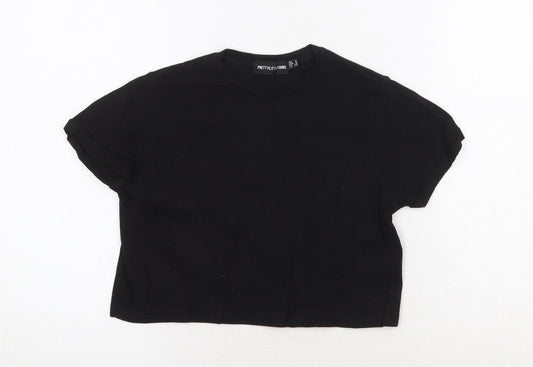 PRETTYLITTLETHING Womens Black Cotton Cropped T-Shirt Size 4 Round Neck