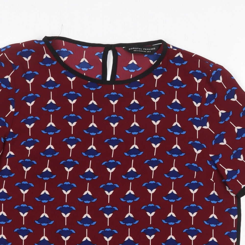 Dorothy Perkins Womens Red Geometric Polyester Basic Blouse Size 6 Round Neck