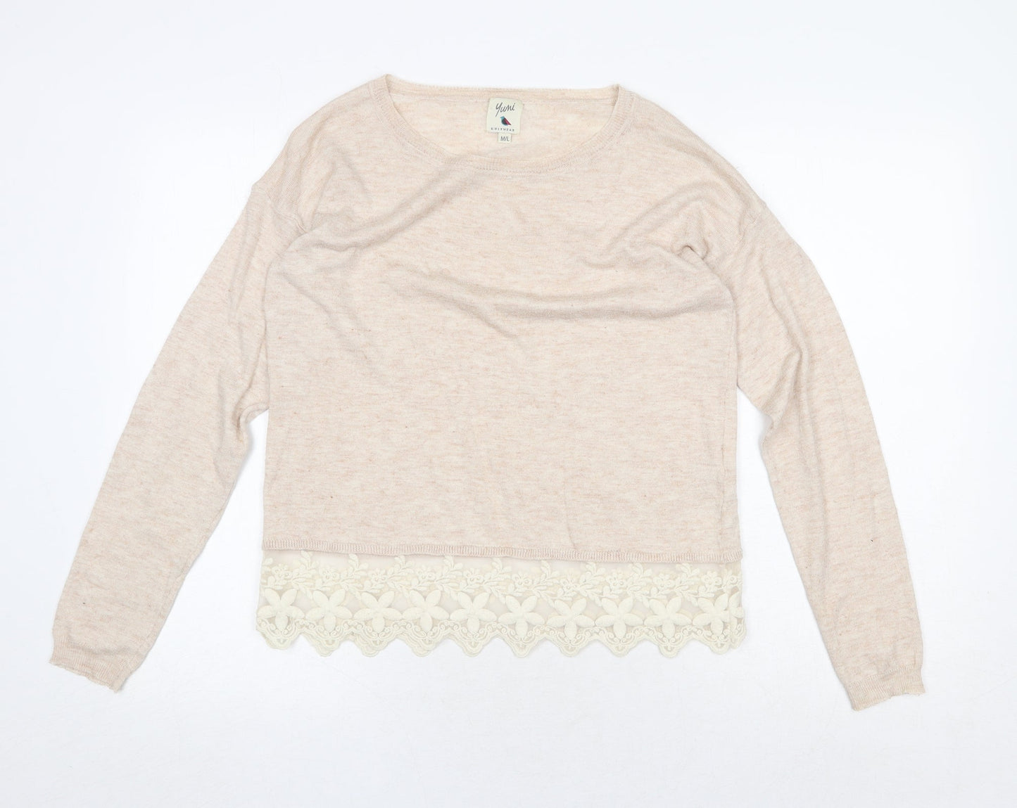 Yumi Womens Pink Boat Neck Polyester Pullover Jumper Size M - Lace Detail
