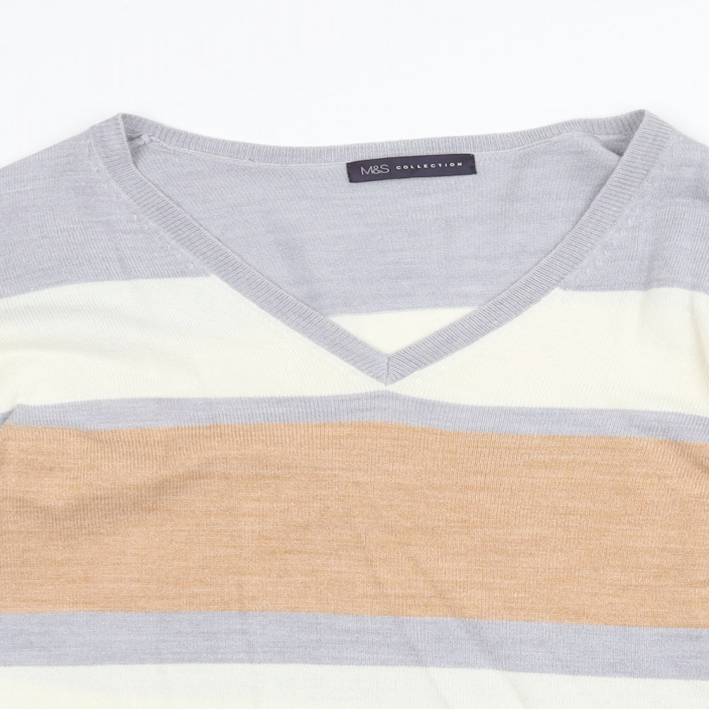 Marks and Spencer Womens Multicoloured V-Neck Striped Acrylic Pullover Jumper Size 8