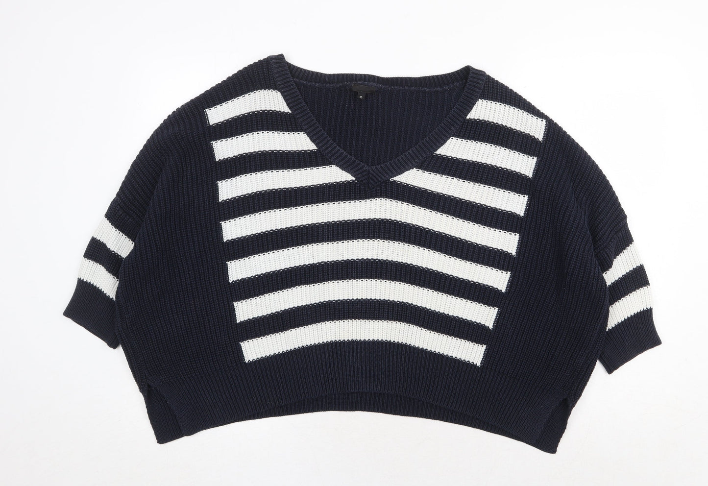 River Island Womens Blue V-Neck Striped Cotton Pullover Jumper Size 10