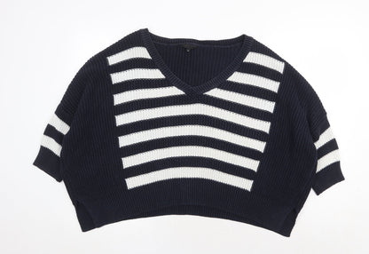 River Island Womens Blue V-Neck Striped Cotton Pullover Jumper Size 10