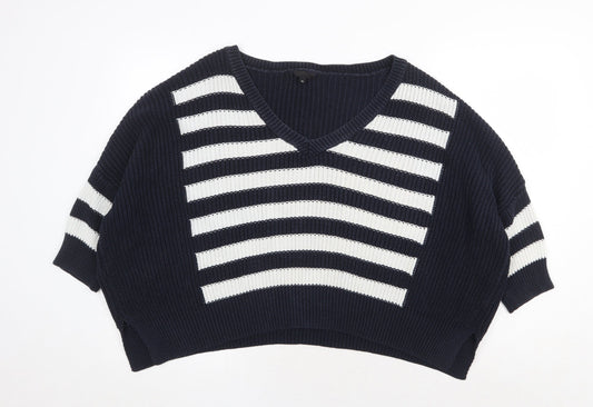 River Island Womens Blue V-Neck Striped Cotton Pullover Jumper Size 10