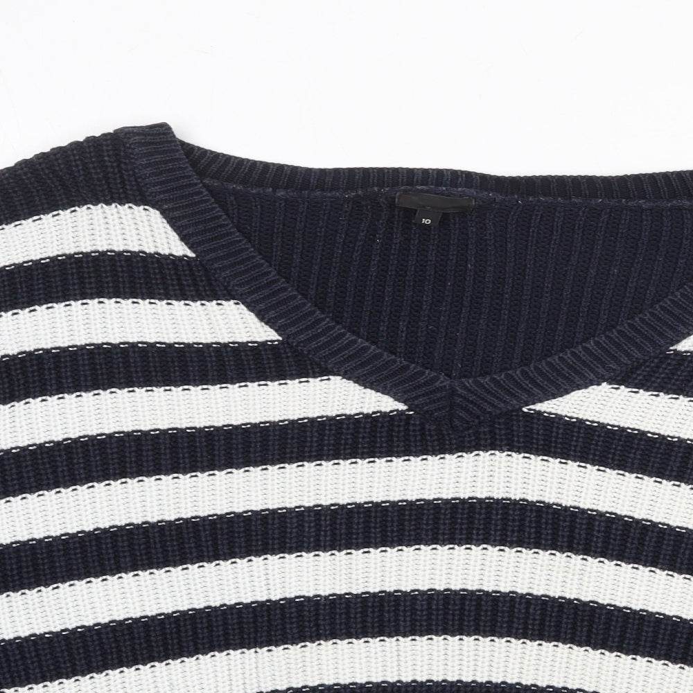 River Island Womens Blue V-Neck Striped Cotton Pullover Jumper Size 10