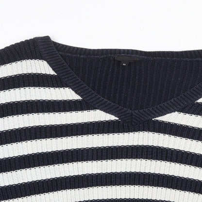 River Island Womens Blue V-Neck Striped Cotton Pullover Jumper Size 10