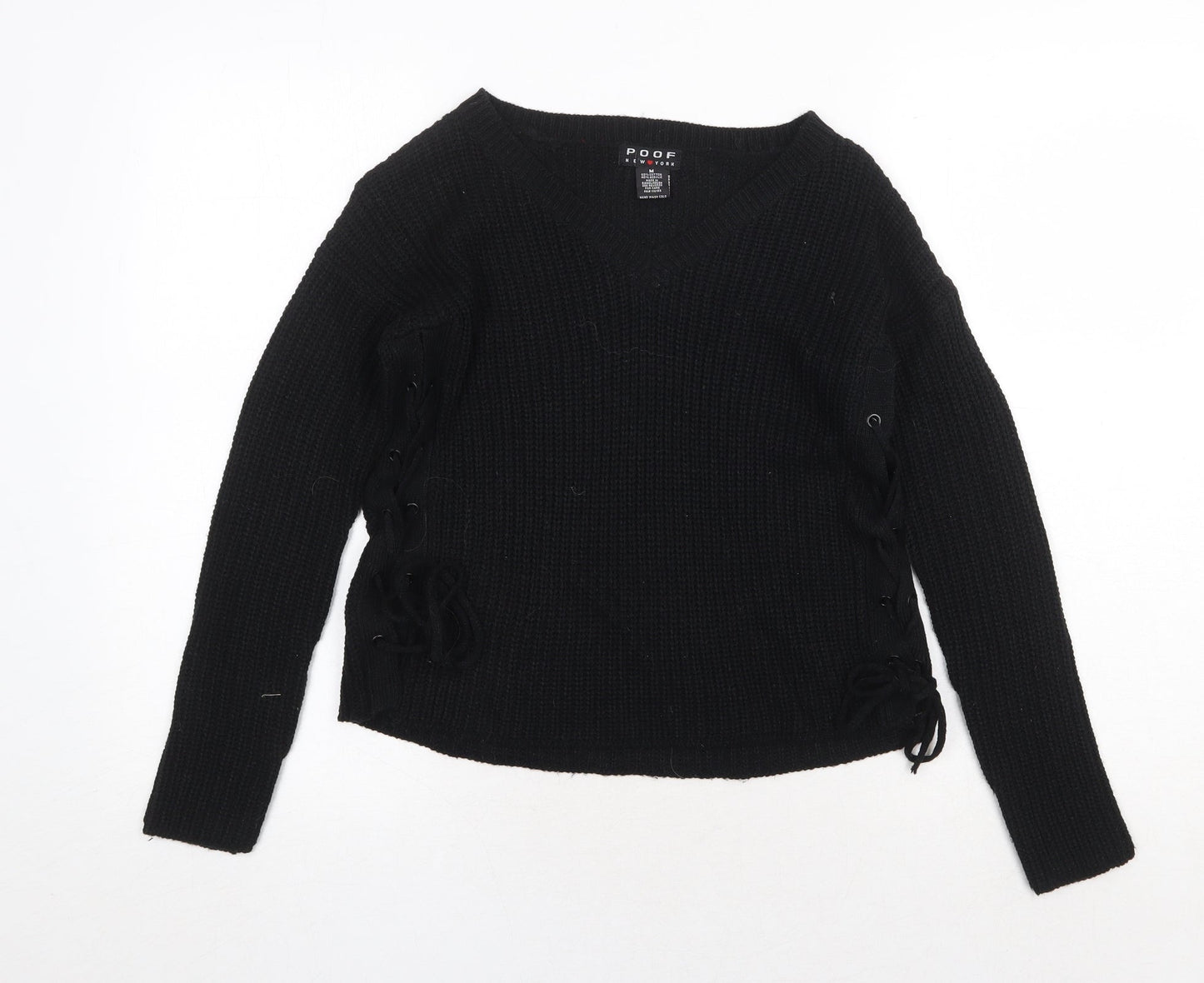 Poof Womens Black V-Neck Cotton Pullover Jumper Size M