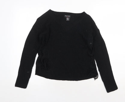 Poof Womens Black V-Neck Cotton Pullover Jumper Size M