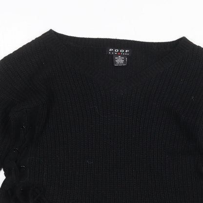 Poof Womens Black V-Neck Cotton Pullover Jumper Size M