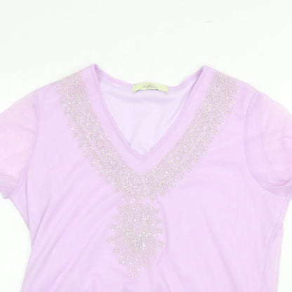 Classics Womens Purple Polyamide Basic T-Shirt Size 14 V-Neck