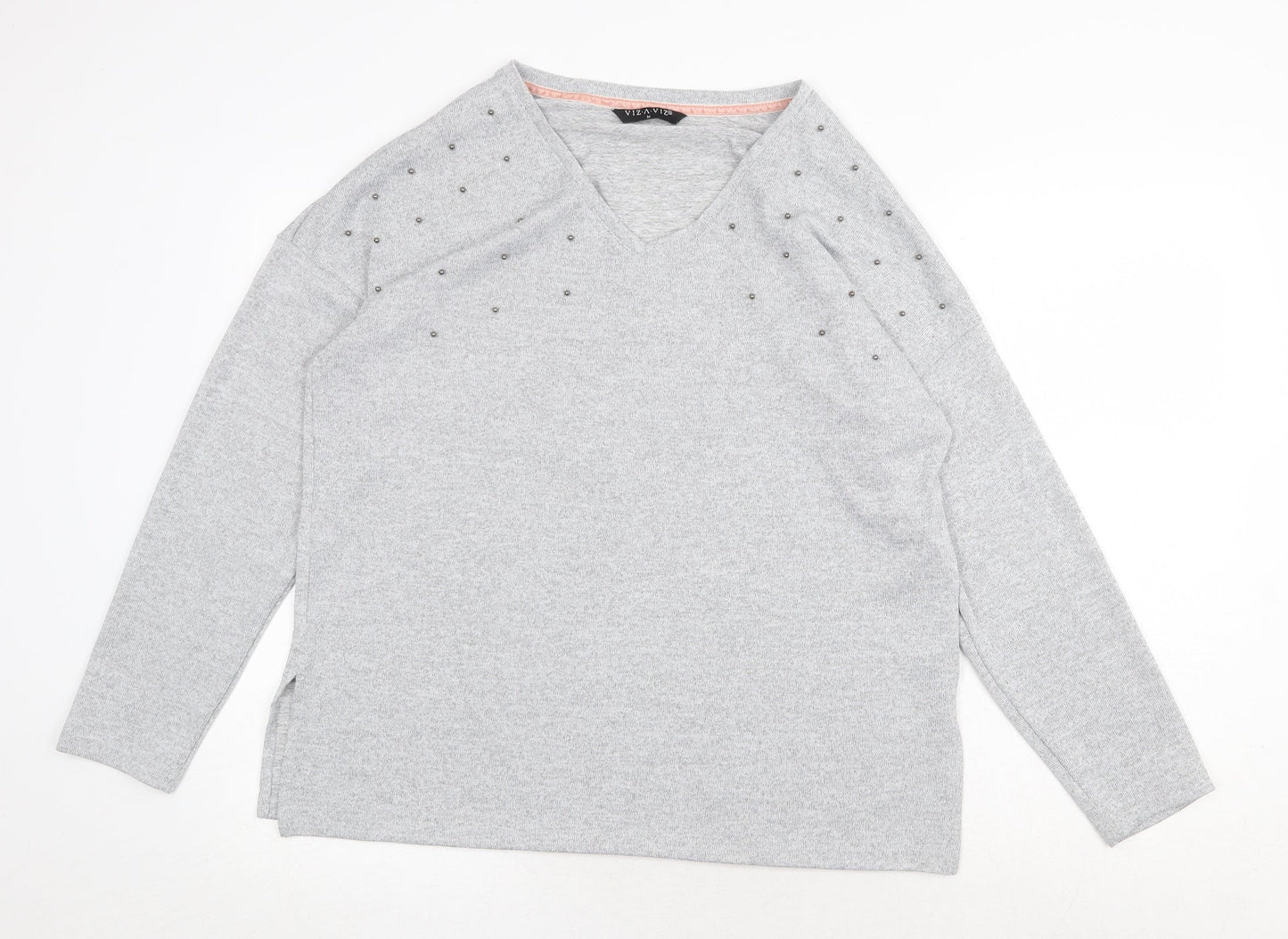 Viz Womens Grey V-Neck Polyester Pullover Jumper Size M