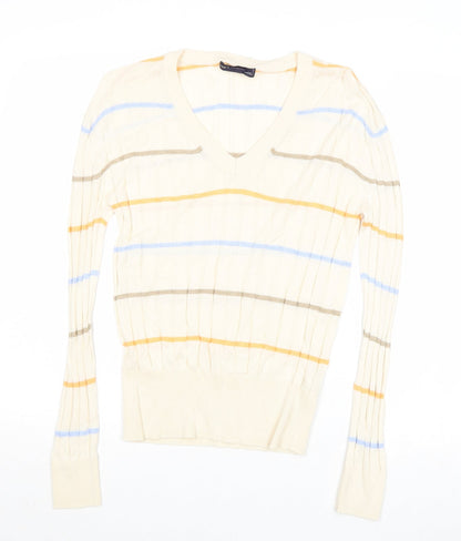 Marks & Spencer Womens Beige Square Neck Striped Viscose Pullover Jumper Size S