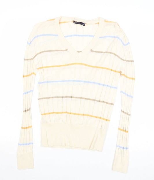 Marks and Spencer Womens Beige Square Neck Striped Viscose Pullover Jumper Size S