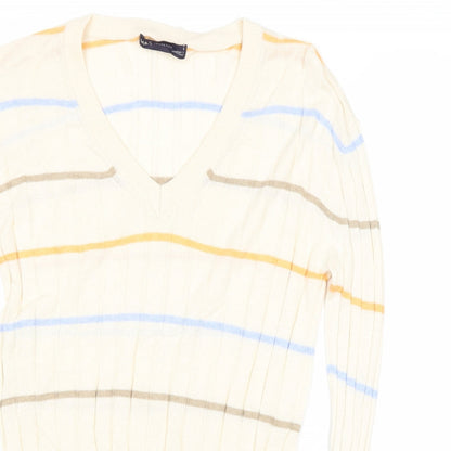Marks & Spencer Womens Beige Square Neck Striped Viscose Pullover Jumper Size S