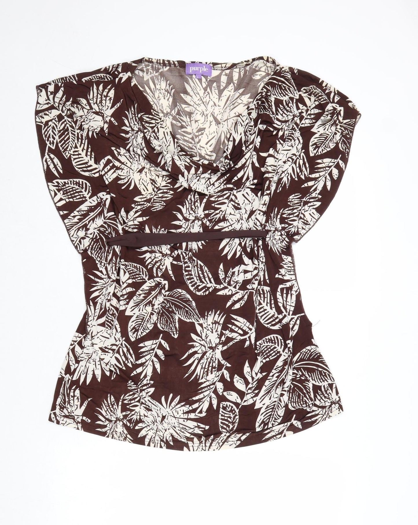 Purple Womens Brown Floral Polyester Basic Blouse Size L Cowl Neck