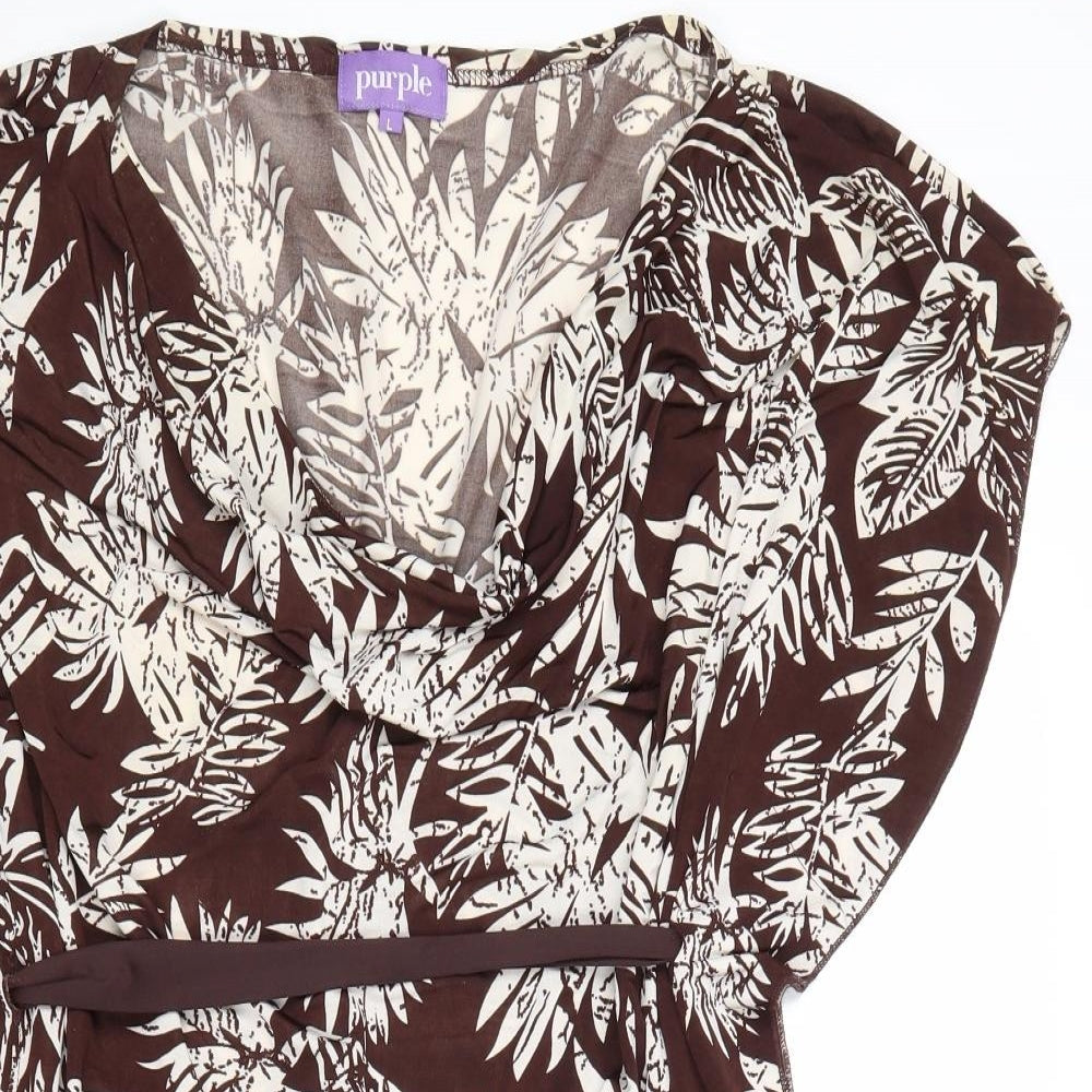 Purple Womens Brown Floral Polyester Basic Blouse Size L Cowl Neck