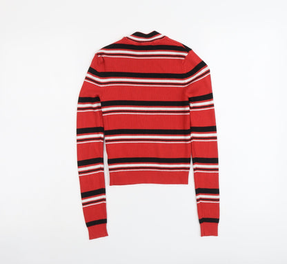H&M Womens Red Round Neck Striped Viscose Pullover Jumper Size XS