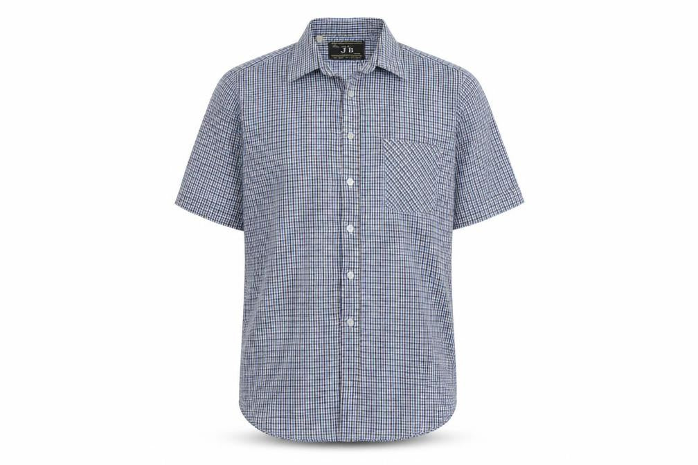 JB London Mens Blue Plaid Polyester Button-Up Size 15.5 Collared Button