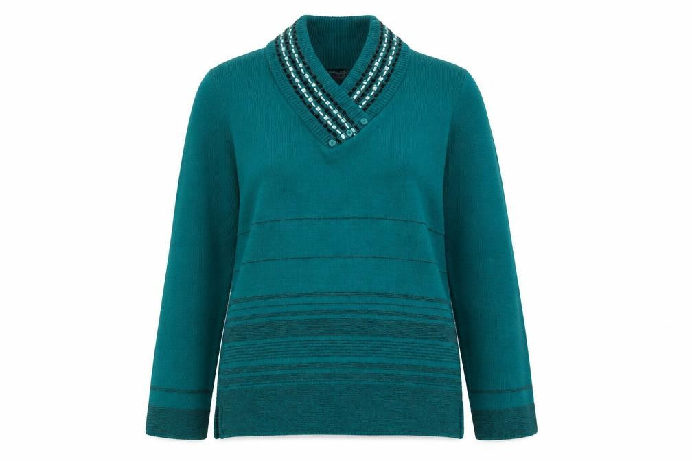 Envy Womens Green V-Neck Striped Acrylic Pullover Jumper Size XS