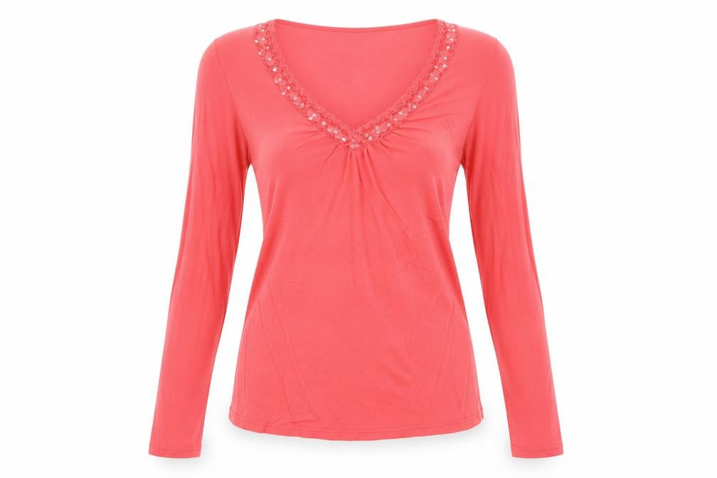Promod Womens Red Cotton Basic T-Shirt Size M V-Neck
