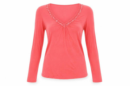 Promod Womens Red Cotton Basic T-Shirt Size M V-Neck
