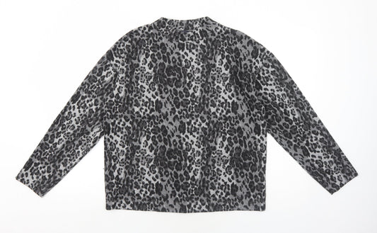Marks and Spencer Womens Grey Round Neck Animal Print Acrylic Pullover Jumper Size 12 - Leopard Pattern