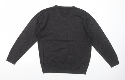 Easy Mens Grey V-Neck Acrylic Pullover Jumper Size L Long Sleeve