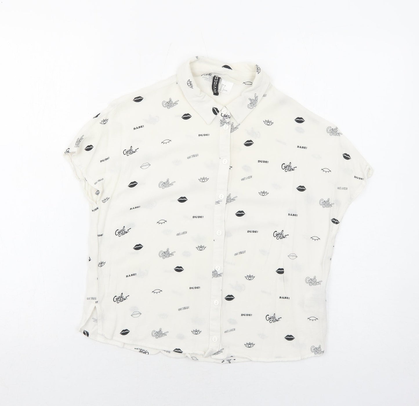 H&M Womens White Geometric Viscose Basic Button-Up Size 4 Collared
