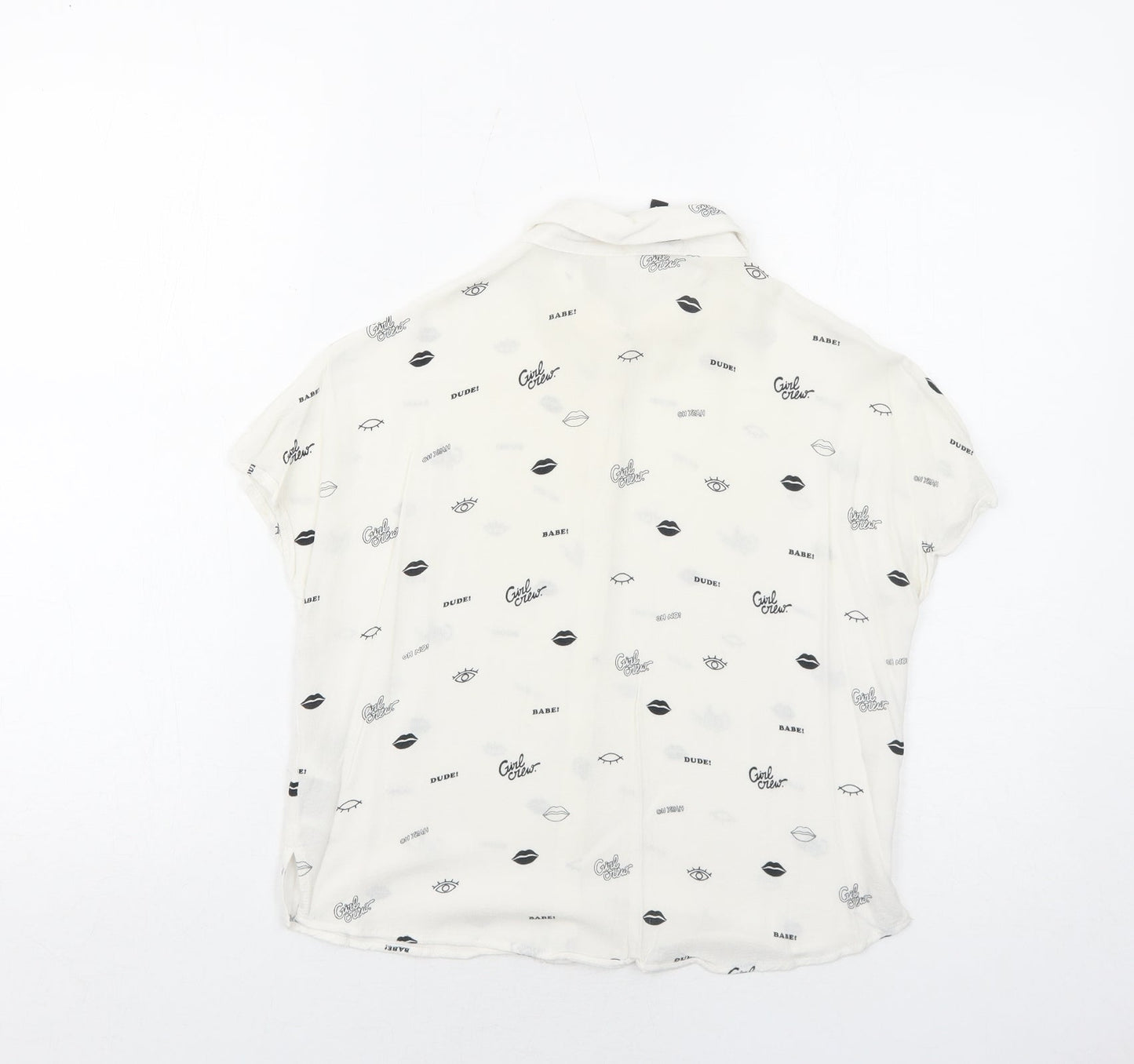 H&M Womens White Geometric Viscose Basic Button-Up Size 4 Collared