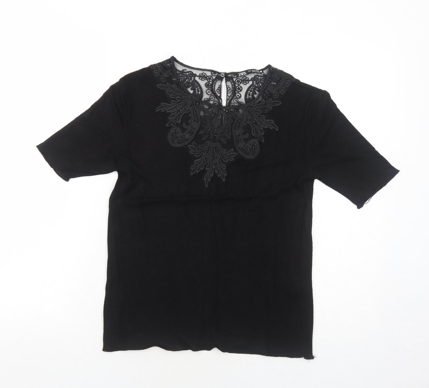Zara Womens Black Viscose Basic Blouse Size M Round Neck - Lace Details