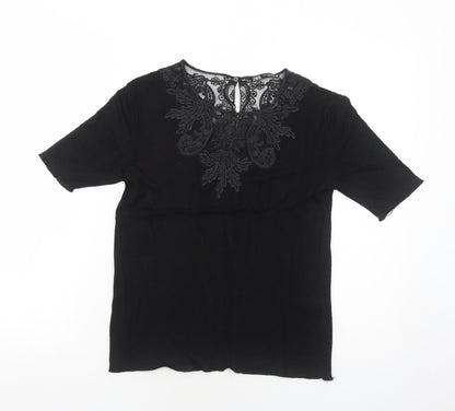 Zara Womens Black Viscose Basic Blouse Size M Round Neck - Lace Details
